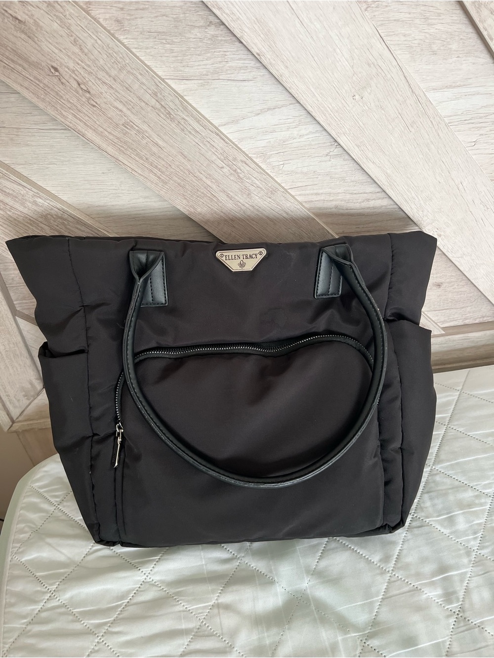 Ellen Tracy Black Nylon Padded Tote with Front Zip